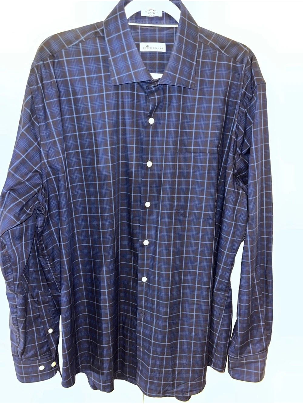 Exquisite Peter Millar Crown Blue check plaid swept collar dress work shirt XL